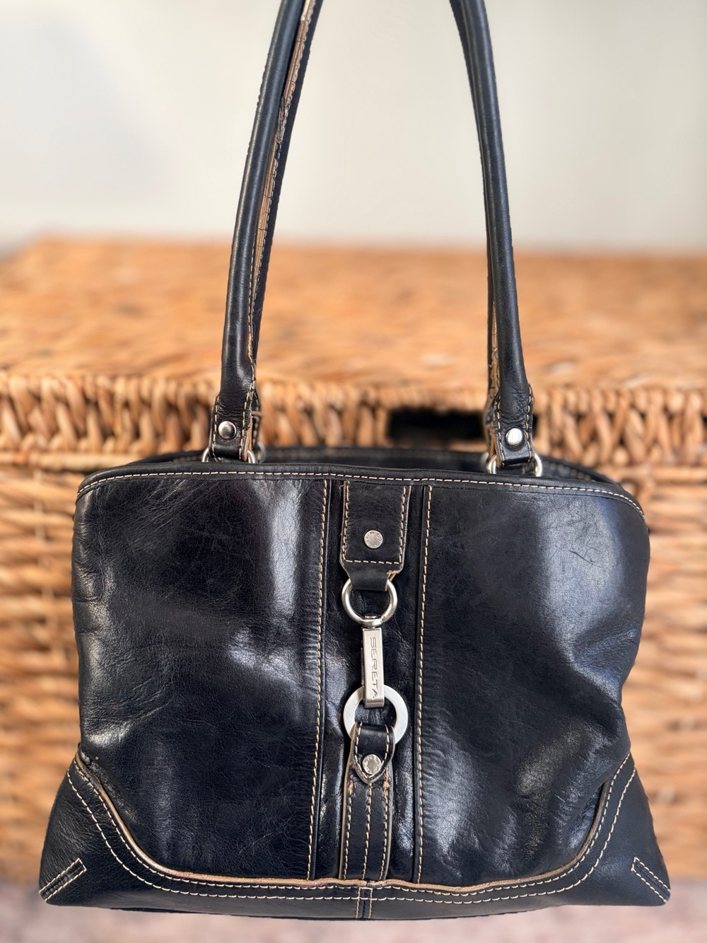 🖤 Vintage Y2K Sereta Moto Leather Shoulder Bag Contrast Stitching Downtown Girl